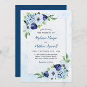 Dusty Blue Floral Moderne botanische Hochzeit Einladung (Vorne/Hinten)