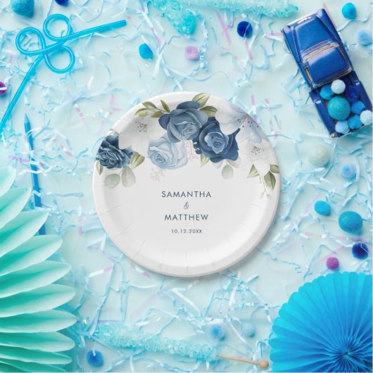 Dusty Blue Floral Moderne Custom Wedding Pappteller (Party)