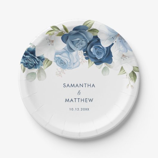 Dusty Blue Floral Moderne Custom Wedding Pappteller (Vorderseite)