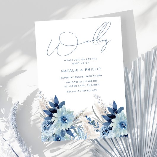 Dusty Blue Floral Moderne Elegante Hochzeit Einladung