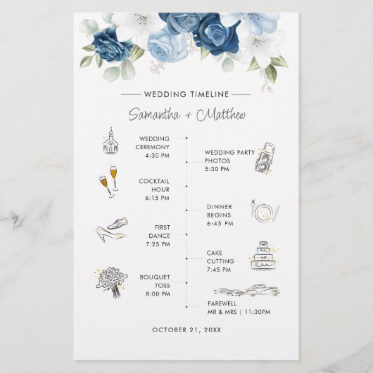 Dusty Blue Floral Modernes Hochzeitsprogramm Briefpapier (Vorderseite)