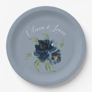 Dusty Blue Floral Modernes Skript Eleganter Name Pappteller