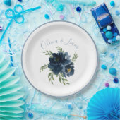 Dusty Blue Floral Modernes Skript Eleganter Name Pappteller (Party)
