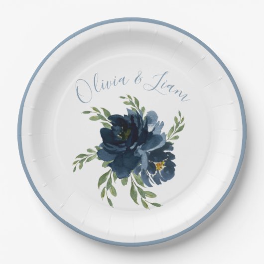 Dusty Blue Floral Modernes Skript Eleganter Name Pappteller (Vorderseite)