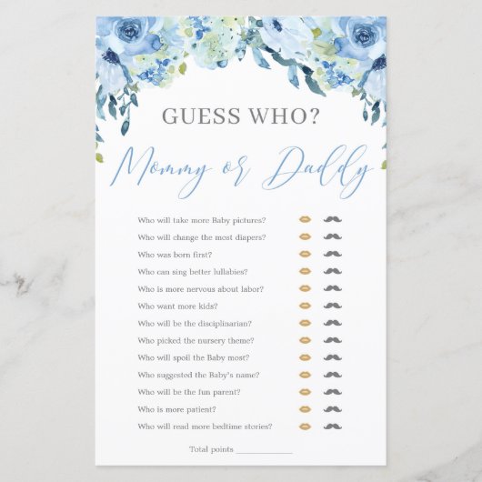 Dusty Blue Floral Mommy oder Daddy Baby Shower Gam (Vorderseite)