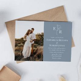 Dusty Blue Floral Monogram Custom Foto Wedding Einladung