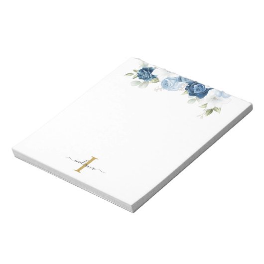 Dusty Blue Floral Monogram Eukalyptus Script Name Notizblock (Rotiert)