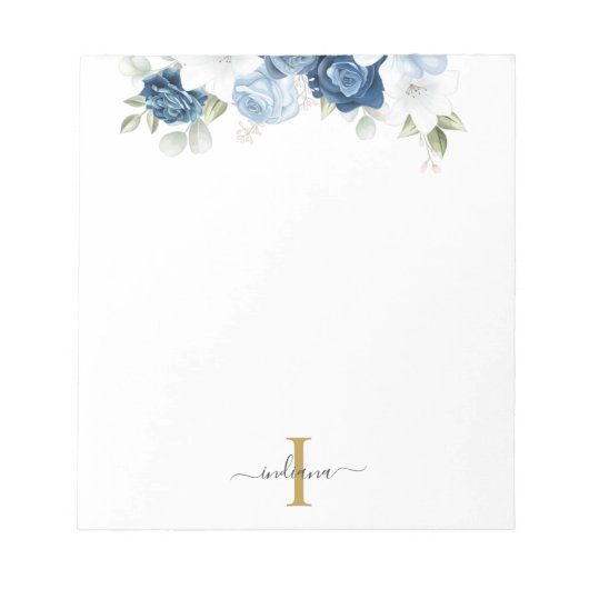 Dusty Blue Floral Monogram Eukalyptus Script Name Notizblock (Vorderseite)
