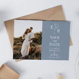 Dusty Blue Floral Monogram Foto Save the Date Einladung
