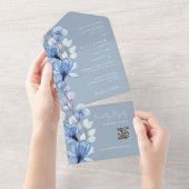 Dusty Blue Floral Monogram QR Code Wedding All In One Einladung (Abreißen)
