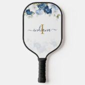 Dusty Blue Floral Monogram Script Greenery Pickleball Schläger (Rückseite)