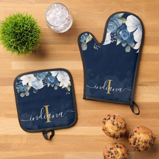 Dusty Blue Floral Monogram Script Name personalisi Ofenhandschuh & Topflappen-Set (Oben Unten)