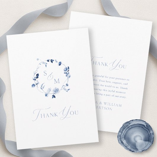 Dusty Blue Floral Monogram Thank You Card Dankeskarte