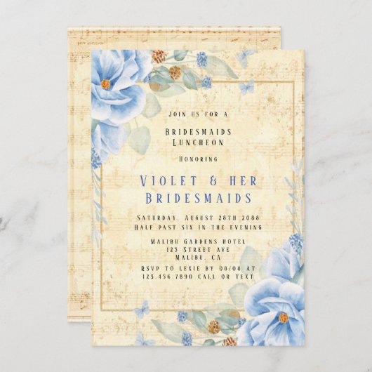 Dusty Blue Floral Musical Bridesmaids Luncheon Einladung (Vorne/Hinten)