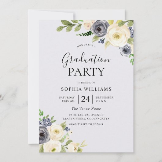 Dusty Blue Floral Navy Graduation Party Einladung (Vorderseite)