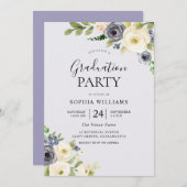 Dusty Blue Floral Navy Graduation Party Einladung (Vorne/Hinten)