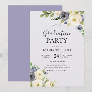 Dusty Blue Floral Navy Graduation Party Einladung