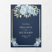 Dusty Blue Floral Navy QR Code Alles in einer Hoch Dreifach Gefaltete Einladung (Cover)