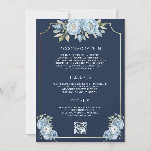 Dusty Blue Floral Navy QR Code Alles in einer Hoch Einladung (Rückseite)