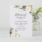 Dusty Blue Floral Navy Watercolor Retirement Party Einladung (Stehend Vorderseite)