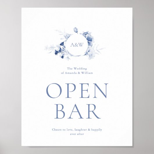 Dusty Blue Floral Open Bar Wedding Sign Poster (Vorne)