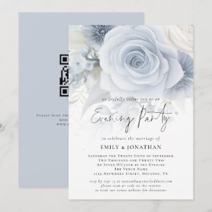 Dusty Blue Floral Overlay QR Wedding Abend Party Einladung