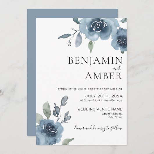 Dusty Blue Floral Pastel Boho Minimalistisch Weddi Einladung (Vorne/Hinten)