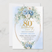 Dusty Blue Floral Peonies Boho 80th Birthday Einladung (Vorderseite)