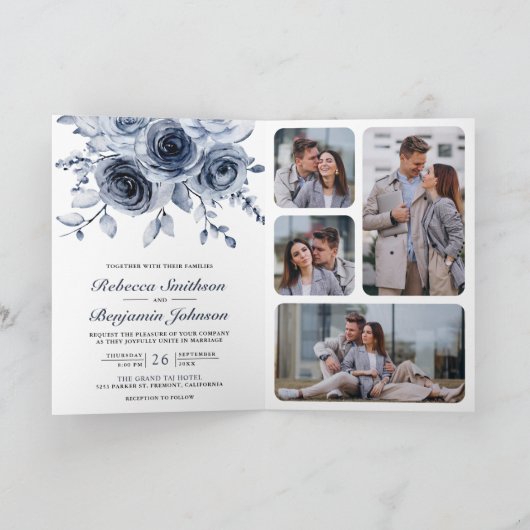 Dusty Blue Floral Photo Collage QR Code Wedding Einladung (Innenseite)