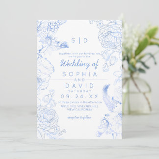 Dusty Blue Floral Photo Wedding Einladung