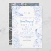 Dusty Blue Floral Photo Wedding Einladung (Vorne/Hinten)