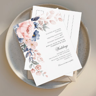 Dusty Blue Floral Pink Wasserfarbenblut Hochzeit Einladungspostkarte