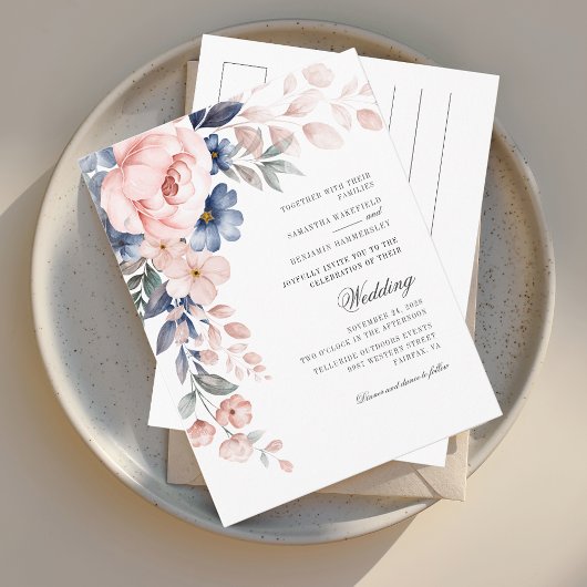 Dusty Blue Floral Pink Wasserfarbenblut Hochzeit Einladungspostkarte