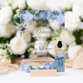 Dusty Blue Floral Princess Mis Quince Quinceañera Acryleinladungen