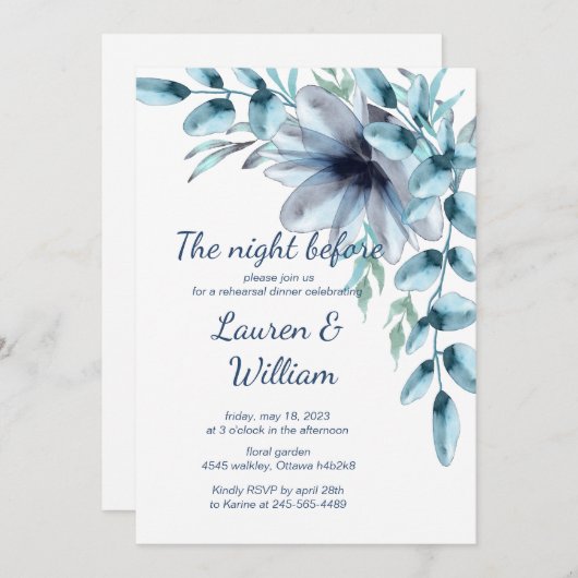 Dusty blue floral Probe Dinner Einladung (Vorne/Hinten)