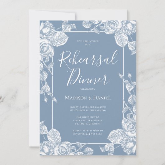 Dusty Blue Floral Probe Dinner Einladung (Vorderseite)