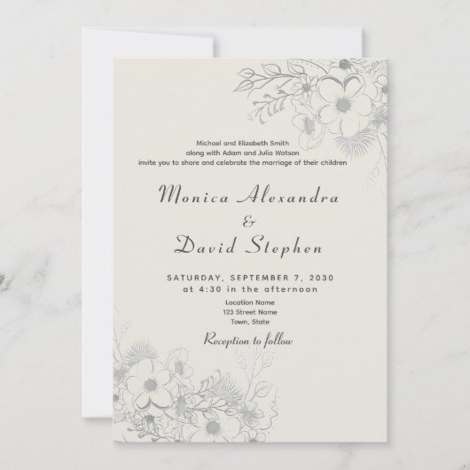 Dusty Blue Floral QR All-in-One Hochzeit Einladung (Vorderseite)