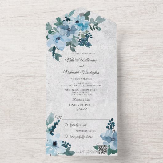 Dusty Blue Floral QR Code All In One Einladung (Innen Boden)