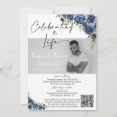 Dusty Blue Floral QR Code Memorial Foto Beerdigung Einladung (Vorderseite)