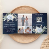 Dusty Blue Floral QR Code Navy Hochzeit Dreifach Gefaltete Einladung