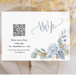 Dusty Blue Floral QR Code RSVP Card