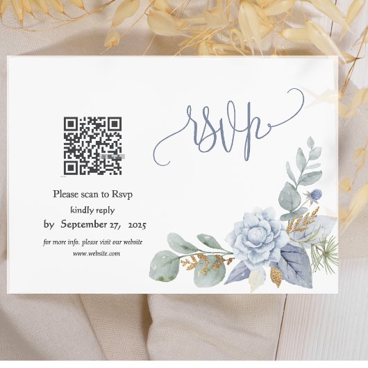 Dusty Blue Floral QR Code RSVP Card Karte