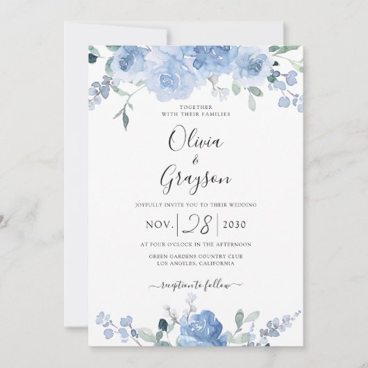 Dusty Blue Floral QR Code UAWG alle in einer Hochz Einladung (Vorderseite)