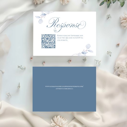 Dusty Blue Floral QR Code Wedding RSVP Karte