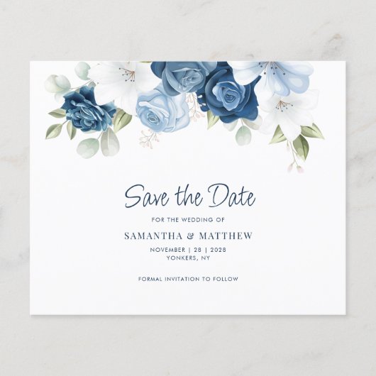 Dusty Blue Floral QR Code Wedding Save the Date (Vorderseite)