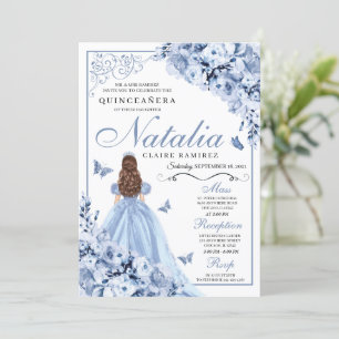 Dusty Blue Floral Quinceanera Birthday Einladung