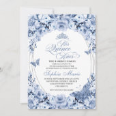 Dusty Blue Floral Quinceanera Birthday Einladung (Vorderseite)