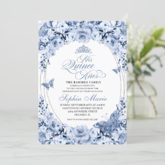 Dusty Blue Floral Quinceanera Birthday Einladung