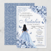 Dusty Blue Floral Quinceanera Birthday Einladung (Vorne/Hinten)