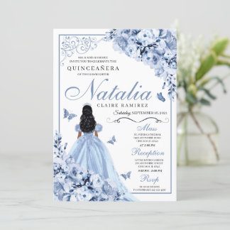 Dusty Blue Floral Quinceanera Birthday Einladung